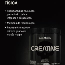 Banner comercial da Creatine Black Skull com pote em destaque e benefícios do suplemento.